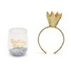 Stemless Wine Glass with Glitter Crown Headband - Birthday