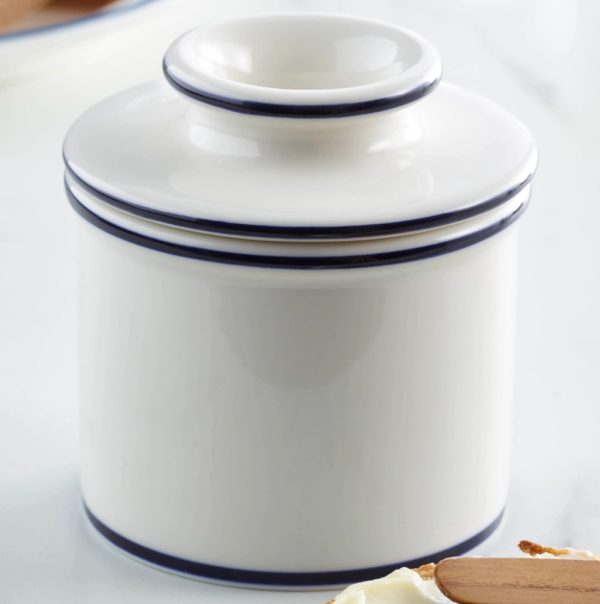 Butter Bell Crock - Le Bistro, White with Blue Trim