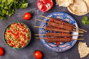 Classic kebabs with tabbouleh salad, traditional middle eastern