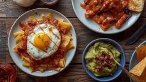 Salsa Roja & Salsa Verde, Chilaquiles with egg, Sun-Dried Tomato & Bacon Guacamole on table