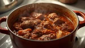 short rib ragu cooking on stove top, white counter, phot quality