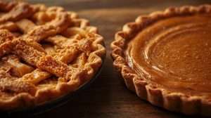 Photograph of a Caramel Dutch Apple Pie and Bourbon Maple Tart side by sode