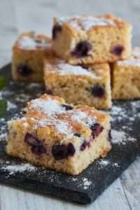 fresh tassty cherry fruit sponge cake with sugar